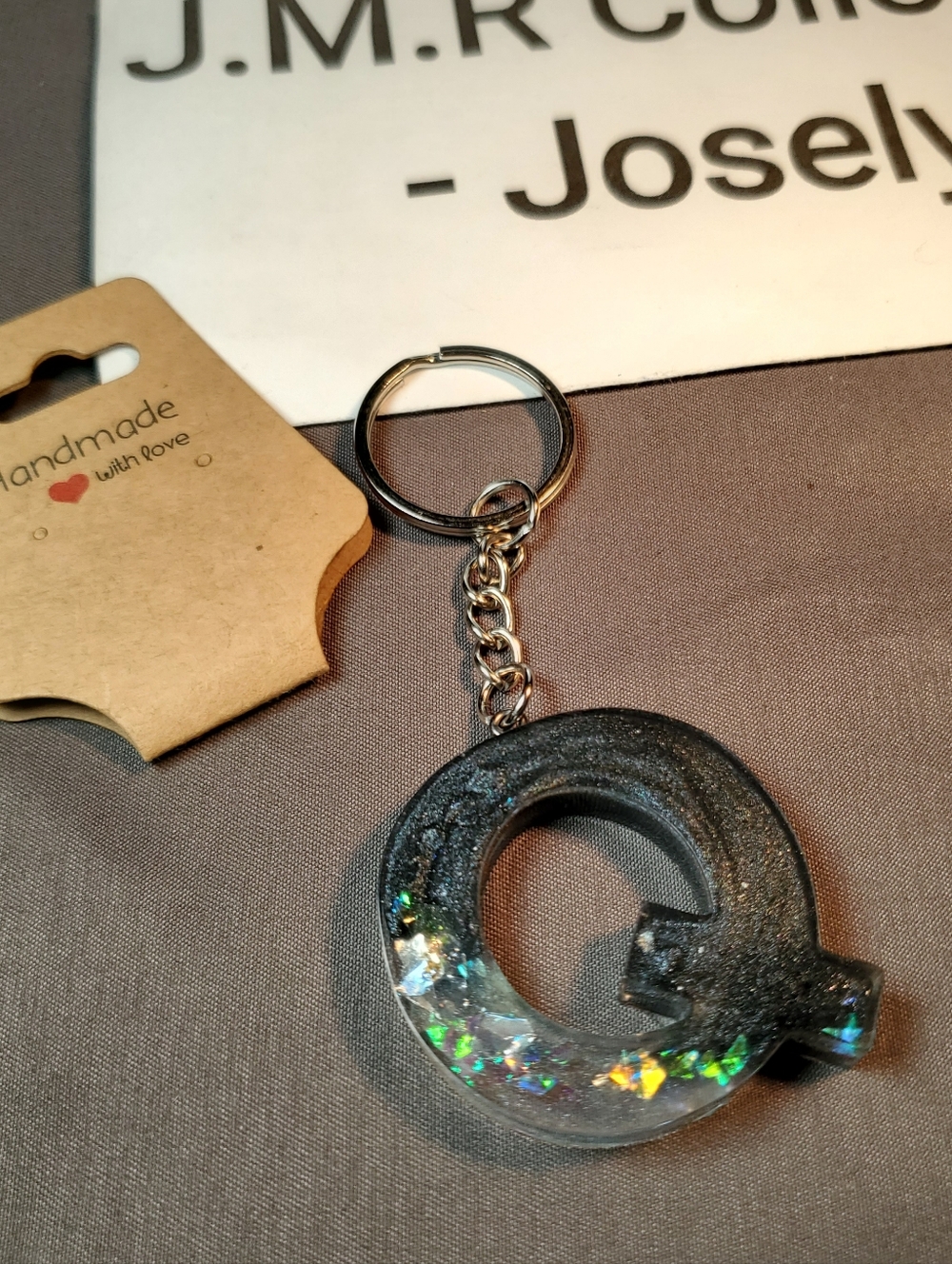Handmade with Love" Black & Holographic Letter 'Q' Resin Keychain